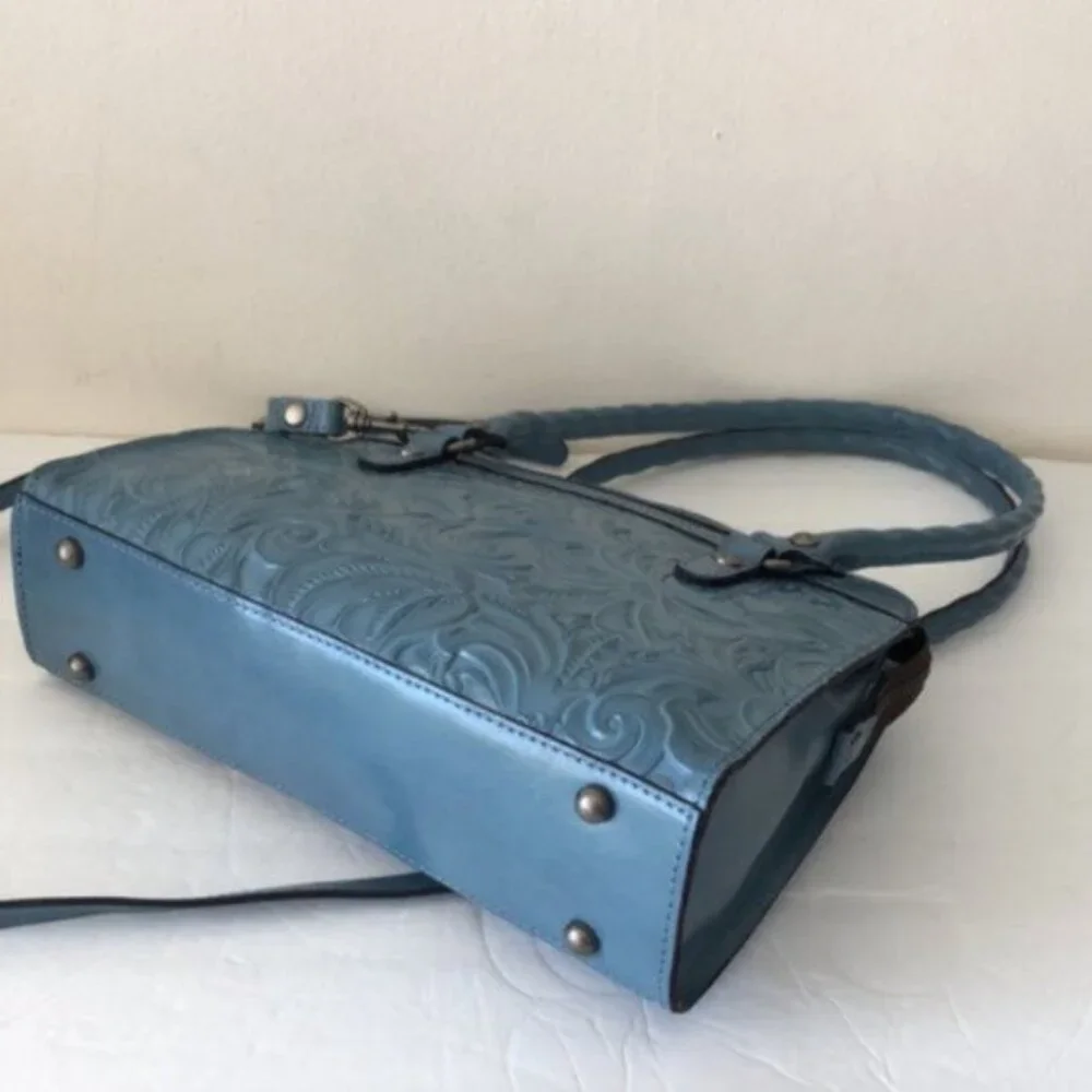 PATRICIA NASH LEATHER CALVI TOOLED FLORAL SATCHEL CROSSBODY SAFFLOWER BLUE